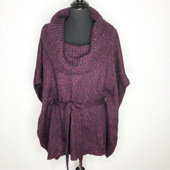 WHBM maroon metallic marled cowl neck belted poncho style sweater size Large - Picture 1 of 16